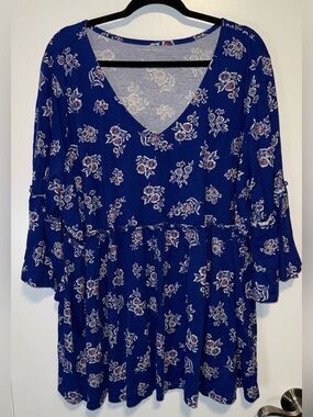 Woman Within Royal Blue Floral V-Neck Tiered Tunic
